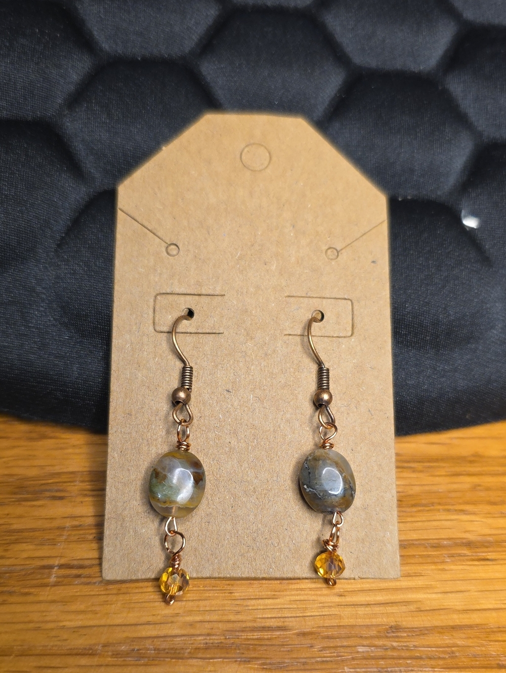 Handmade Green Jasper Drop Earrings with Amber Accent